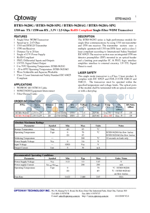 BTRS-9620-SPG datasheet - 1310 nm TX / 1550 nm RX , 3.3V / 2.5 Gbps RoHS Compliant Single-FiberWDM Transceiver