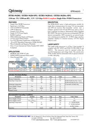 BTRS-9620AG datasheet - 1310 nm TX / 1550 nm RX , 3.3V / 2.5 Gbps RoHS Compliant Single-FiberWDM Transceiver