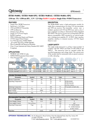 BTRS-9640-SPG datasheet - 1310 nm TX / 1550 nm RX , 3.3V / 2.5 Gbps RoHS Compliant Single-FiberWDM Transceiver