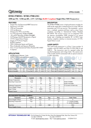 BTRS-9700AMG datasheet - 1550 nm TX / 1310 nm RX , 3.3V / 2.5 Gbps RoHS Compliant Single-Fiber MM Transceiver