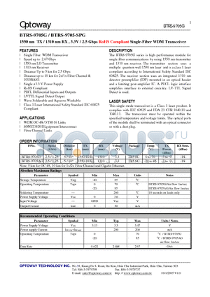 BTRS-9705-SPG datasheet - 1550 nm TX / 1310 nm RX , 3.3V / 2.5 Gbps RoHS Compliant Single-Fiber WDM Transceiver