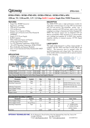 BTRS-9705A-SPG datasheet - 1550 nm TX / 1310 nm RX , 3.3V / 2.5 Gbps RoHS Compliant Single-FiberWDM Transceiver