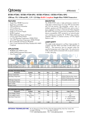 BTRS-9720-SPG datasheet - 1550 nm TX / 1310 nm RX , 3.3V / 2.5 Gbps RoHS Compliant Single-FiberWDM Transceiver