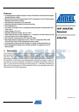 ATA3742 datasheet - UHF ASK/FSK Receiver