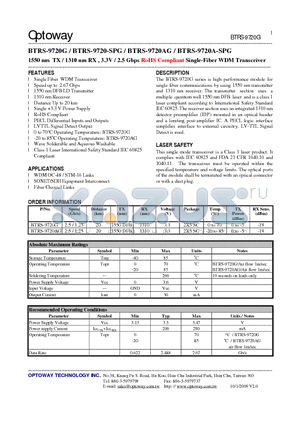 BTRS-9720A-SPG datasheet - 1550 nm TX / 1310 nm RX , 3.3V / 2.5 Gbps RoHS Compliant Single-FiberWDM Transceiver