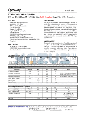 BTRS-9720G datasheet - 1550 nm TX / 1310 nm RX , 3.3V / 2.5 Gbps RoHS Compliant Single-Fiber WDM Transceiver