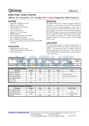 BTRS-9740-SPG datasheet - 1550 nm TX / 1310 nm RX , 3.3V / 2.5 Gbps RoHS Compliant Single-Fiber WDM Transceiver
