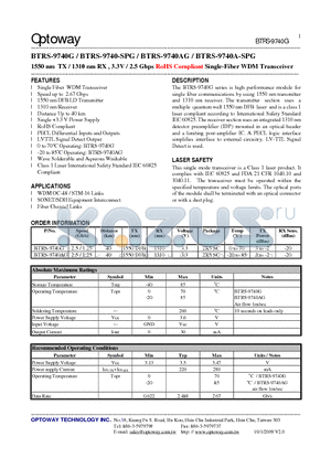 BTRS-9740-SPG datasheet - 1550 nm TX / 1310 nm RX , 3.3V / 2.5 Gbps RoHS Compliant Single-FiberWDM Transceiver