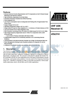 ATA3741 datasheet - UHF ASK Receiver IC