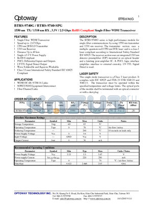 BTRS-9740G datasheet - 1550 nm TX / 1310 nm RX , 3.3V / 2.5 Gbps RoHS Compliant Single-Fiber WDM Transceiver