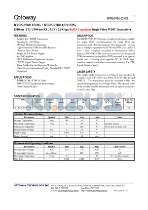 BTRS-9780-1510-SPG datasheet - 1510 nm TX / 1590 nm RX , 3.3V / 2.5 Gbps RoHS Compliant Single-Fiber WDM Transceiver