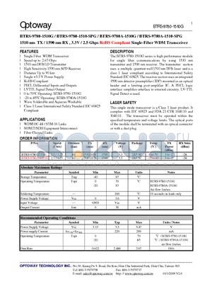 BTRS-9780-1510-SPG datasheet - 1510 nm TX / 1590 nm RX , 3.3V / 2.5 Gbps RoHS Compliant Single-FiberWDM Transceiver