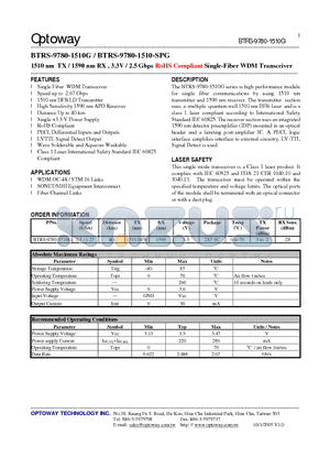 BTRS-9780-1510G datasheet - 1510 nm TX / 1590 nm RX , 3.3V / 2.5 Gbps RoHS Compliant Single-Fiber WDM Transceiver