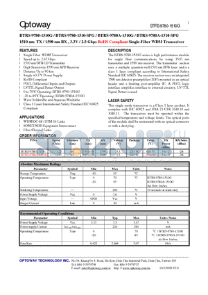 BTRS-9780-1510G_09 datasheet - 1510 nm TX / 1590 nm RX , 3.3V / 2.5 Gbps RoHS Compliant Single-FiberWDM Transceiver