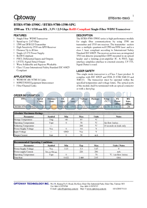 BTRS-9780-1590-SPG datasheet - 1590 nm TX / 1510 nm RX , 3.3V / 2.5 Gbps RoHS Compliant Single-Fiber WDM Transceiver