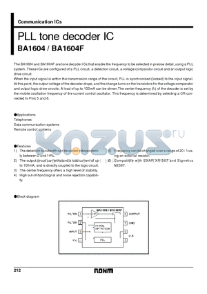 BA1604 datasheet - PLL tone decoder IC