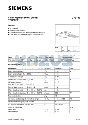 BTS100 datasheet - Smart Highside Power Switch TEMPFET (P channel Enhancement mode Temperature sensor with thyristor characteristic)