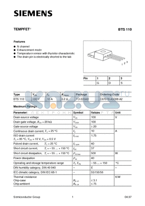 BTS110 datasheet - TEMPFET (N channel Enhancement mode Temperature sensor with thyristor characteristic)