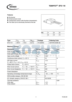 BTS110 datasheet - TEMPFET(N-channel Enhancement mode Temperature sensor with thyristor characteristic)