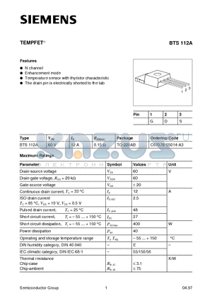 BTS112A datasheet - TEMPFET (N channel Enhancement mode Temperature sensor with thyristor characteristic)