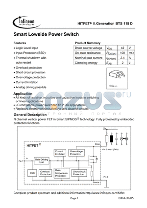 BTS118D datasheet - Smart Lowside Power Switch