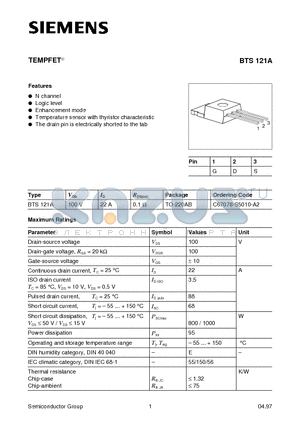 BTS121A datasheet - TEMPFET (N channel Logic level Enhancement mode Temperature sensor with thyristor characteristic)