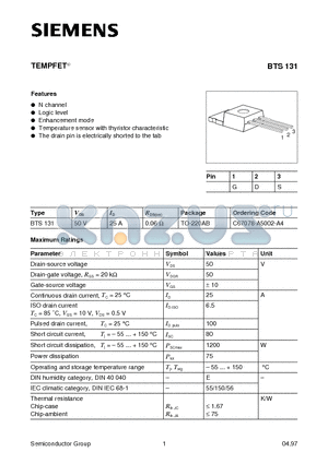 BTS131 datasheet - TEMPFET (N channel Logic level Enhancement mode Temperature sensor with thyristor characteristic)