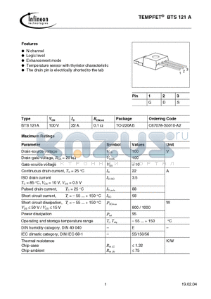 BTS121A datasheet - TEMPFET(N channel Logic level Enhancement mode Temperature sensor with thyristor characteristic)