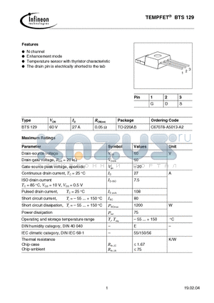 BTS129 datasheet - TEMPFET(N channel Enhancement mode Temperature sensor with thyristor characteristic)