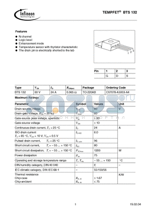 BTS132 datasheet - TEMPFET(N channel Logic level Enhancement mode Temperature sensor with thyristor characteristic)