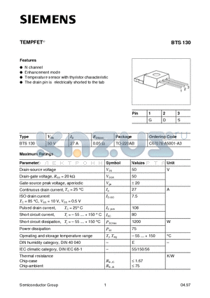 BTS130 datasheet - TEMPFET (N channel Enhancement mode Temperature sensor with thyristor characteristic)