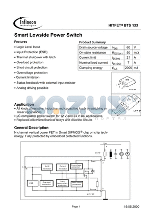 BTS133 datasheet - Smart Lowside Power Switch