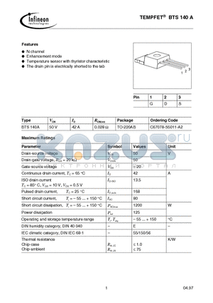 BTS140 datasheet - TEMPFET(N channel Enhancement mode Temperature sensor with thyristor characteristic)