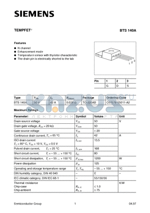 BTS140A datasheet - TEMPFET (N channel Enhancement mode Temperature sensor with thyristor characteristic)