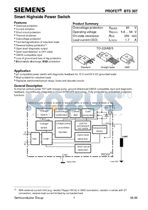 BTS307 datasheet - Smart Highside Power Switch (Overload protection Current limitation Short circuit protection Thermal shutdown)