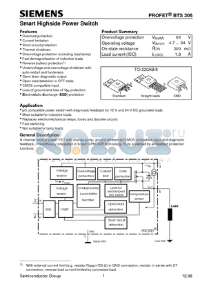 BTS308 datasheet - Smart Highside Power Switch (Overload protection Current limitation Short circuit protection Thermal shutdown)