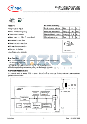 BTS3134D datasheet - Smart Low Side Power Switch