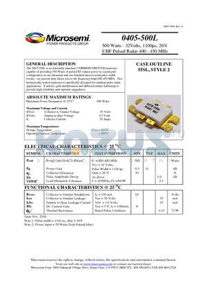 0405-500L datasheet - 500 Watts - 32Volts, 1100ls, 26% UHF Pulsed Radar 400 - 450 MHz