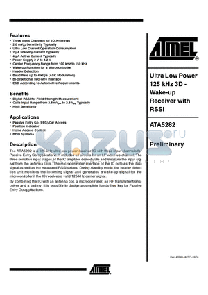 ATA5282 datasheet - ULTRA LOW POWER 125 KHZ 3D WAKE UP RECEIVER WITH RSSI