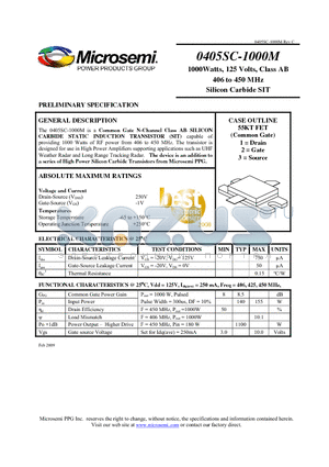 0405SC-1000M datasheet - 1000Watts, 125 Volts, Class AB 406 to 450 MHz Silicon Carbide SIT