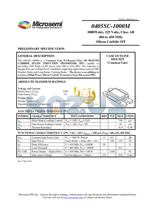 0405SC-1000M datasheet - 1000Watts, 125 Volts, Class AB 406 to 450 MHz Silicon Carbide SIT