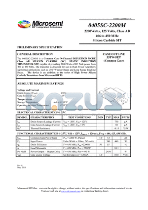 0405SC-2200M datasheet - 2200Watts, 125 Volts, Class AB 406 to 450 MHz Silicon Carbide SIT