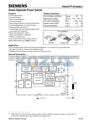 BTS409L1 datasheet - Smart Highside Power Switch (Overload protection Current limitation Short circuit protection Thermal shutdown)