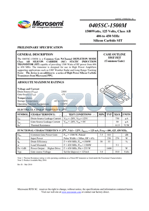 0405SC-1500M datasheet - 1500Watts, 125 Volts, Class AB 406 to 450 MHz Silicon Carbide SIT