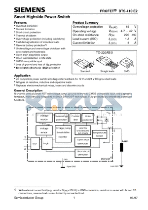 BTS410E2 datasheet - Smart Highside Power Switch (Overload protection Current limitation Short circuit protection Thermal shutdown)