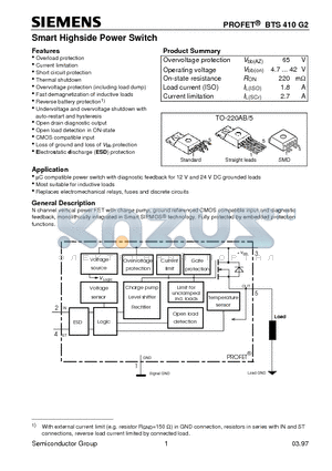 BTS410G2 datasheet - Smart Highside Power Switch (Overload protection Current limitation Short circuit protection Thermal shutdown)