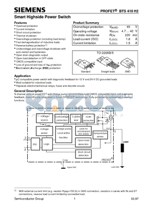 BTS410H2 datasheet - Smart Highside Power Switch (Overload protection Current limitation Short circuit protection Thermal shutdown)