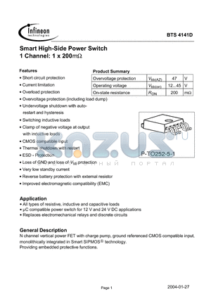 BTS4141D datasheet - Smart High-Side Power Switch 1 Channel: 1 x 200m