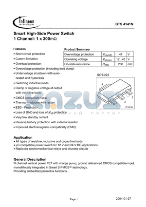 BTS4141N datasheet - Smart High-Side Power Switch 1 Channel: 1 x 200m