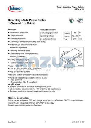 BTS4141N datasheet - Smart High-Side Power Switch 1 Channel: 1 x 200m